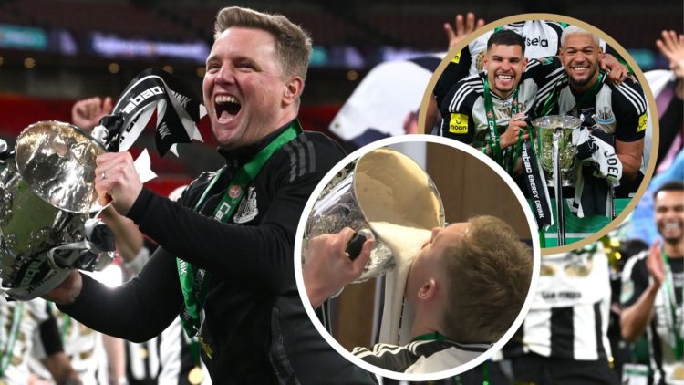 Collage of Eddie Howe, Bruno Guimaraes, Joelinton & Sean Longstaff celebrating the Carabao Cup win vs Liverpool.