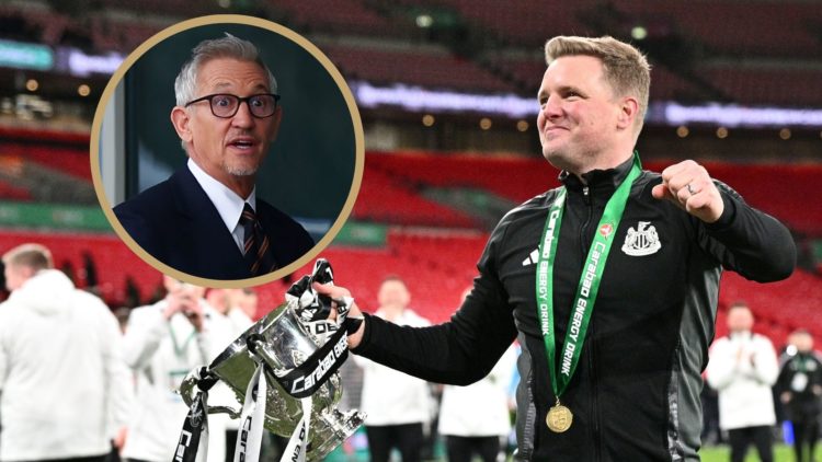 Eddie Howe with the Carabao Cup trophy. Inset: Gary Lineker looks surprised.