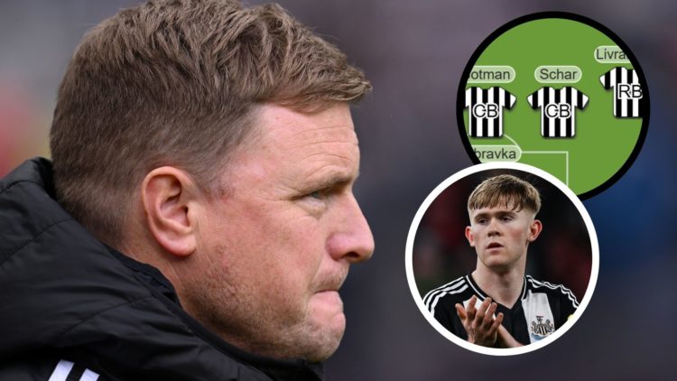 Newcastle manager Eddie Howe. Insets of Lewis Hall and a team selection graphic.