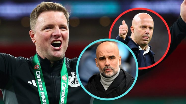 Eddie Howe celebrates Newcastle Carabao Cup win. Insets: Pep Guardiola & Arne Slot.