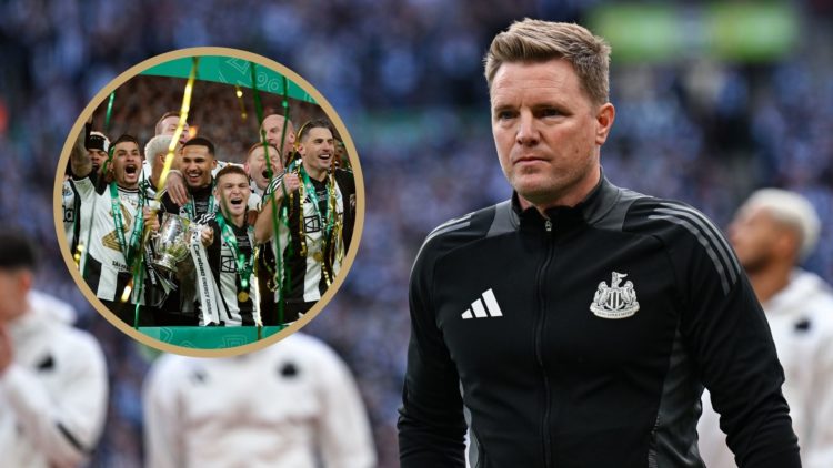 Eddie Howe at Wembley. Inset: Newcastle players celebrate Carabao Cup final.