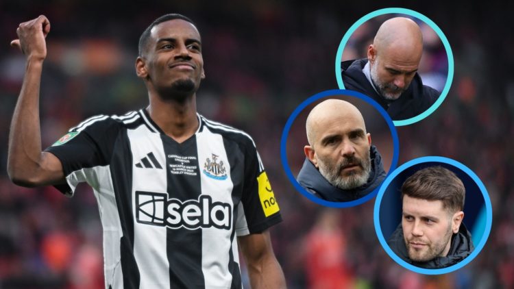 Alexander Isak (L) insets of Pep Guardiola, Enzo Maresca and Fabian Hurzeler.