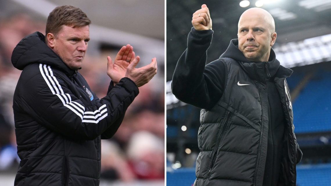 Collage of Newcastle manager Eddie Howe (L) and Liverpool boos Arne Slot (R).