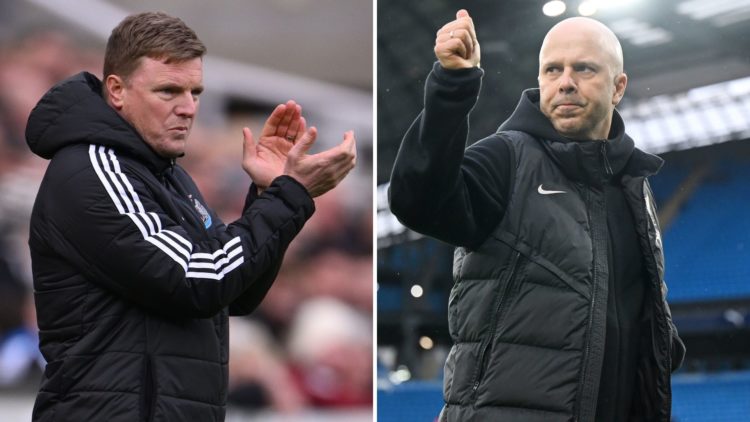 Collage of Newcastle manager Eddie Howe (L) and Liverpool boos Arne Slot (R).