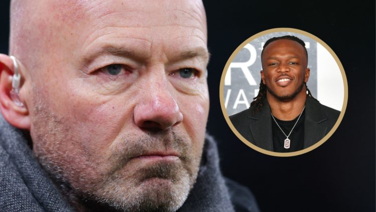 Alan Shearer looks angry. Inset of KSI.