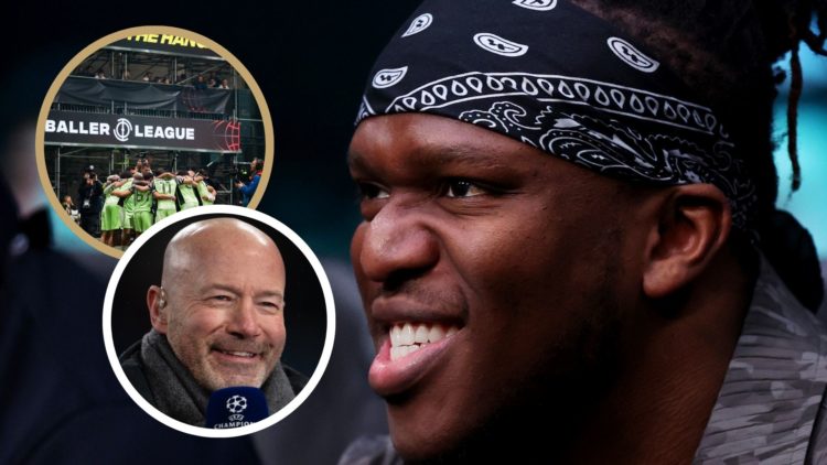 KSI smiles. Insets: Baller League and Alan Shearer.