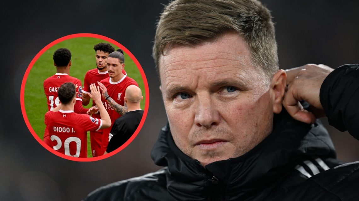 Collage of Newcastle United manager Eddie Howe and inset of Liverpool players.
