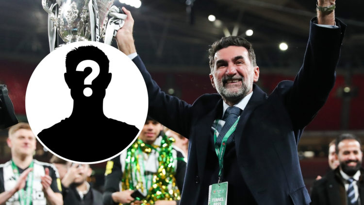 Yasir Al-Rumayyan, chairman of Newcastle United celebrates with the Carabao Cup trophy after the Carabao Cup Final, with an inset of a mystery play...
