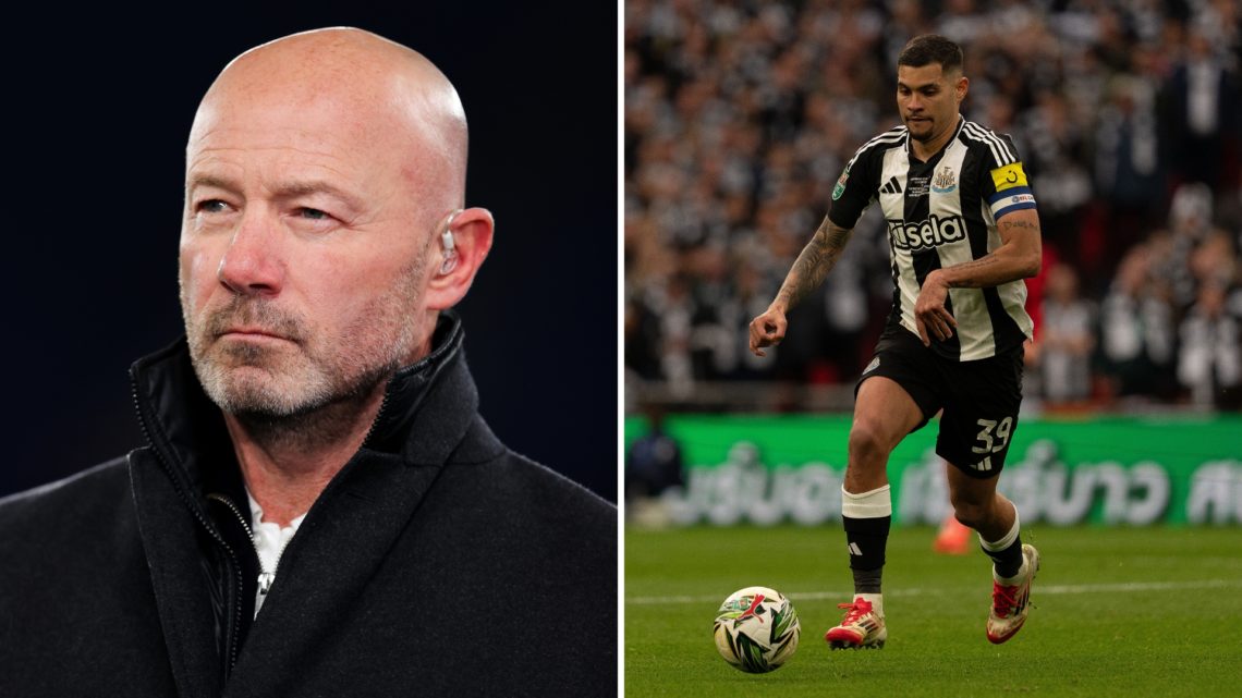 Split image of Alan Shearer (left) and Bruno Guimarães from the Carabao Cup FInal (right).