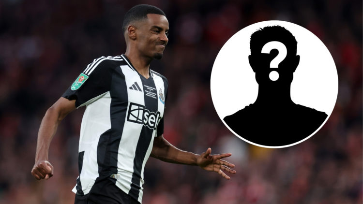 Alexander Isak of Newcastle United during the Carabao Cup Final between Liverpool and Newcastle United, with a bubble inset of a mystery player.