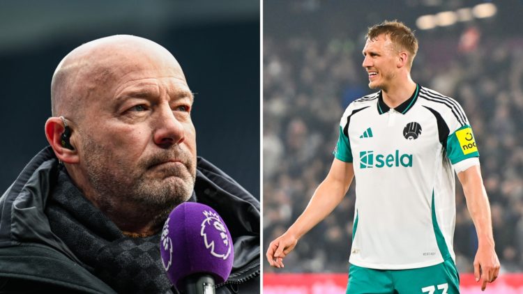 Split image of Newcastle legend Alan Shearer pitchside for a Premier League match (left) and Dan Burn participating in the Premier League match bet...