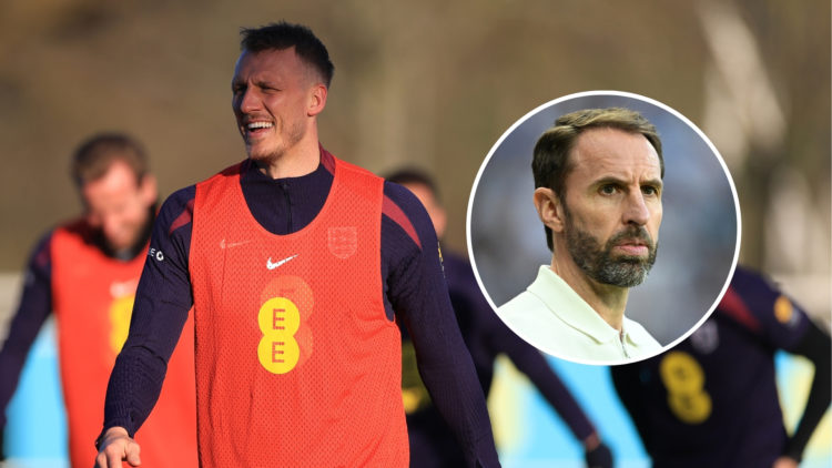 A image of Dan Burn of England looking on during a training session at St. George's Park on March 18, 2025, with an inset of Gareth Southgate looki...