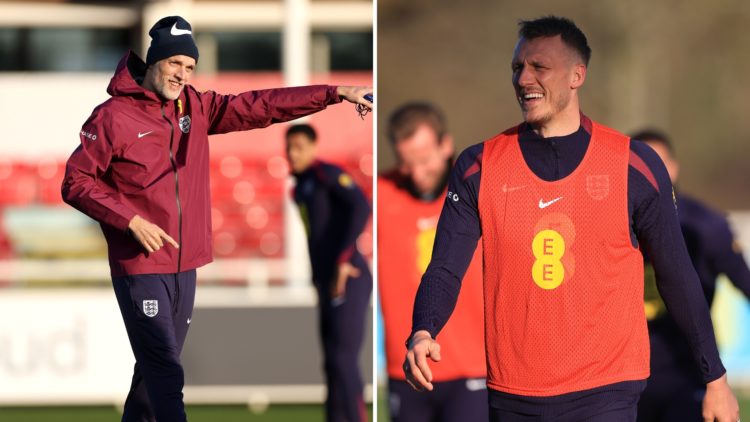 Split image of an England training session, with Thomas Tuchel on the left and Dan Burn on the right.