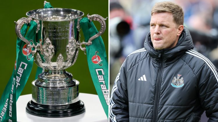 Split image of the Carabao Cup trophy (left) and Eddie Howe looking on during an Emirates FA Cup Fifth Round match (right).