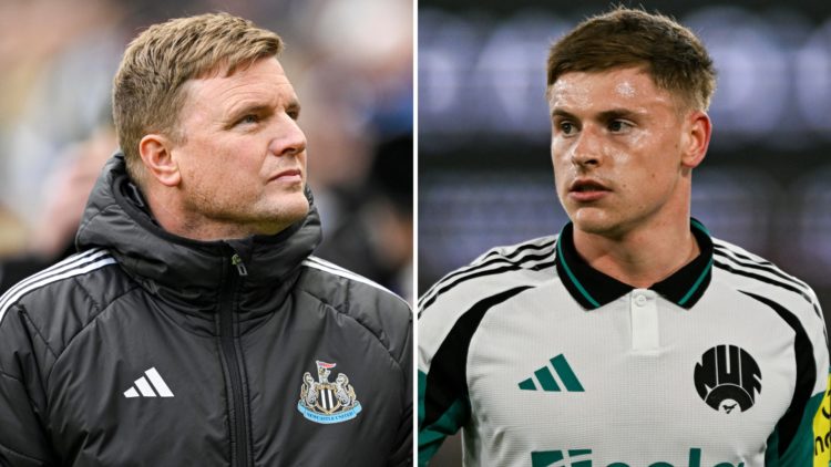 Split image of Eddie Howe during the FA Cup match (left) and Harvey Barnes during the Premier League match (right).