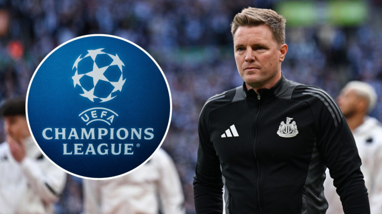Image of Eddie Howe after the Carabao Cup Final, with an inset of the Champions League logo.