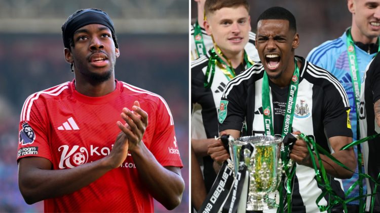 Split image of Anthony Elanga (left) and Alexander Isak lifting the Carabao Cup trophy (right).