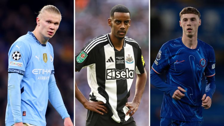 Three-way split image of Erling Haaland, Alexander Isak, and Cole Palmer, all during football matches.