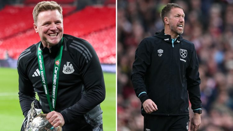 Split Image of Eddie Howe with Carabao Cup Trophy (left) and Graham Pooter during a premier league match (right)