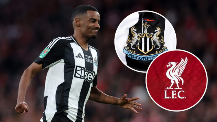 Alexander Isak, featuring two insets: one of the Liverpool badge and one of the Newcastle United badge.