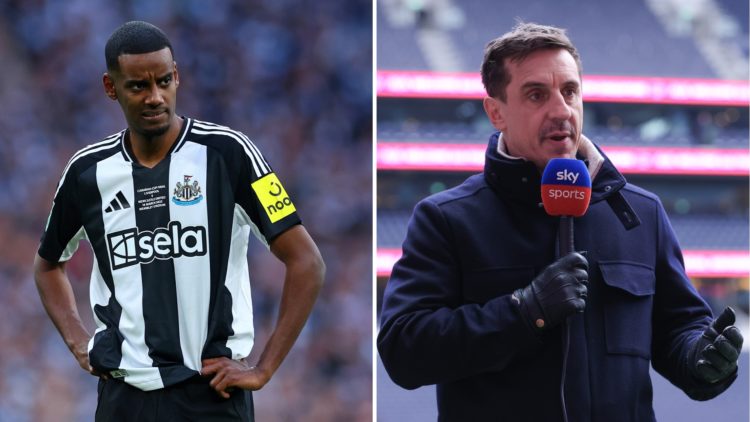 Split image of Alexander Isak during a Carabao Cup match (left) and Gary Neville as a pundit (right).