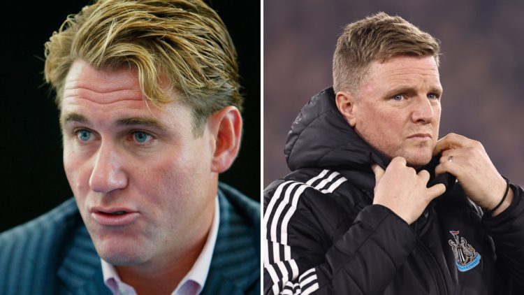 Split image of Simon Jordan talking to the media, looking on, while Eddie Howe looks on during a Premier League match.