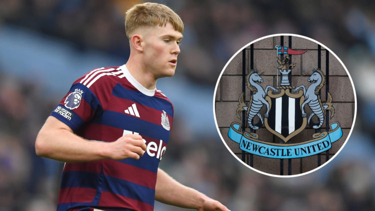 An image of Lewis Hall during the Premier League match between Manchester City FC and Newcastle United FC, with an inset of the Newcastle United ba...