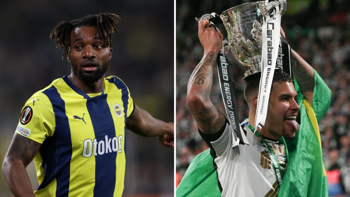 Split image of Allan Saint-Maximin of Fenerbahçe looking on (left) and Bruno Guimarães of Newcastle United celebrating during the Carabao Cup Final...