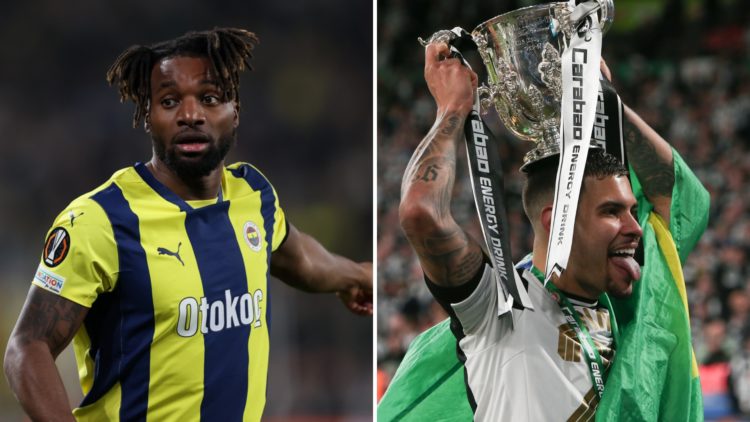 Split image of Allan Saint-Maximin of Fenerbahçe looking on (left) and Bruno Guimarães of Newcastle United celebrating during the Carabao Cup Final...