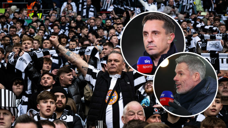 An image of Newcastle fans at Wembley, with two circular insets featuring Jamie Carragher and Gary Neville.