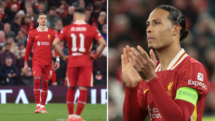 A split image featuring Darwin Núñez looking dejected after missing his team's second penalty during the shootout in the UEFA Champions League 2024...