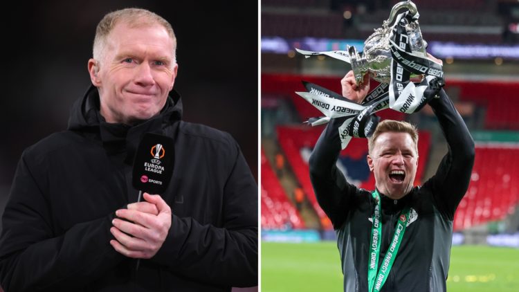 Split image of Paul Scholes as a pundit (left) and Eddie Howe celebrating the Carabao Cup trophy win (right).
