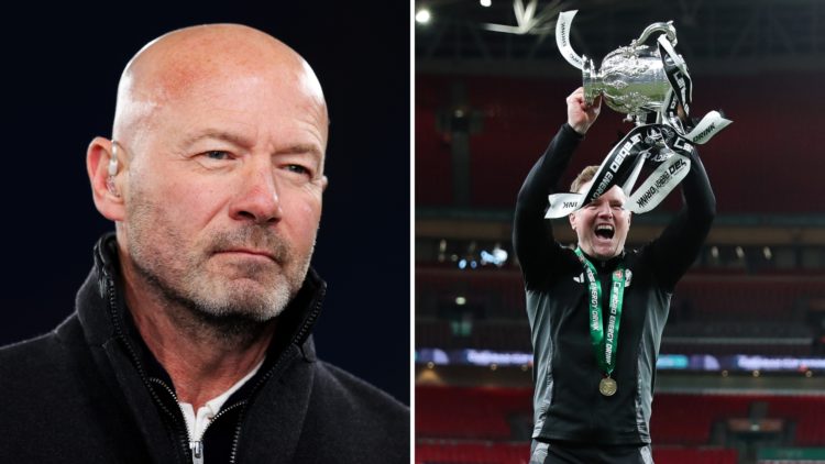 Split image of Alan Shearer (left) and Eddie Howe celebrating the Carabao Cup trophy (right).
