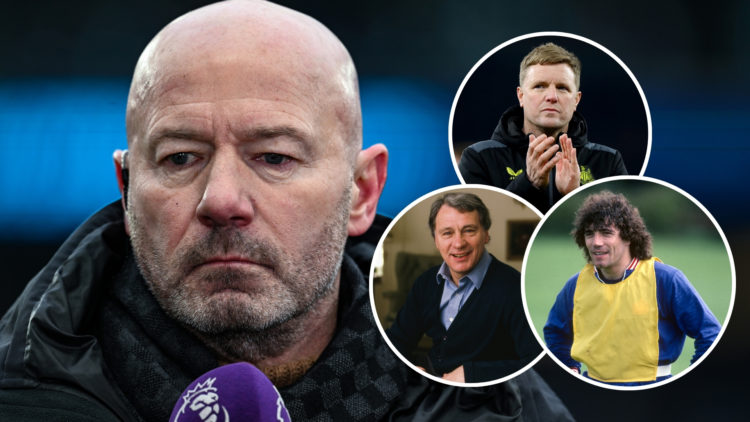 Alan Shearer as a pundit with three insets of Eddie Howe, Sir Bobby Robson, and Kevin Keegan.