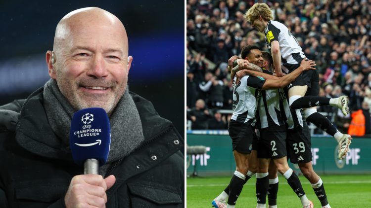 Alan Shearer is pictured on the left, smiling while holding a Champions League-branded microphone. On the right, Newcastle United players celebrate...