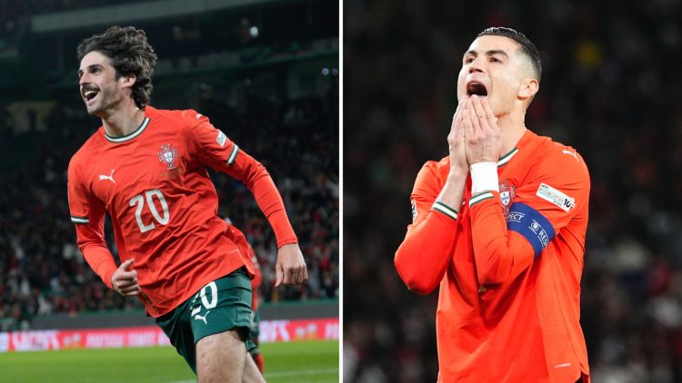 Split image of Trincão celebrating (left) and Cristiano Ronaldo reacting after missing his penalty last night (right).