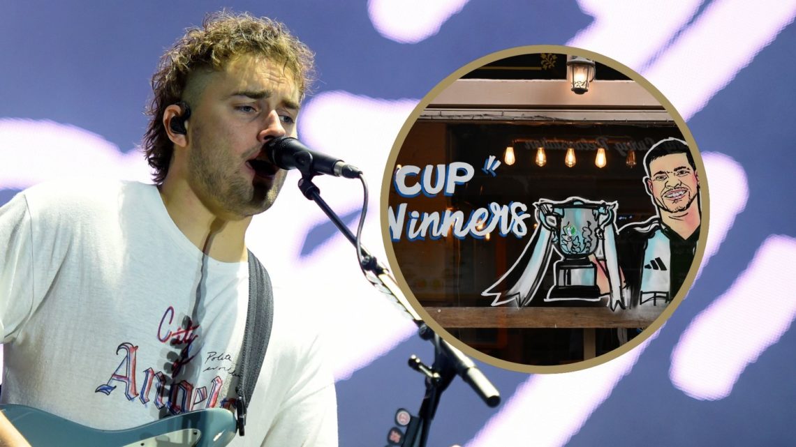 Sam Fender singing into a microphone. Inset: A painting of Bruno Guimaraes on a window.
