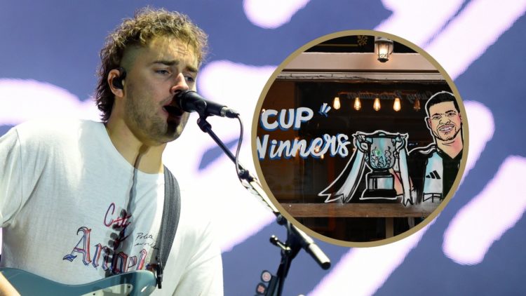 Sam Fender singing into a microphone. Inset: A painting of Bruno Guimaraes on a window.