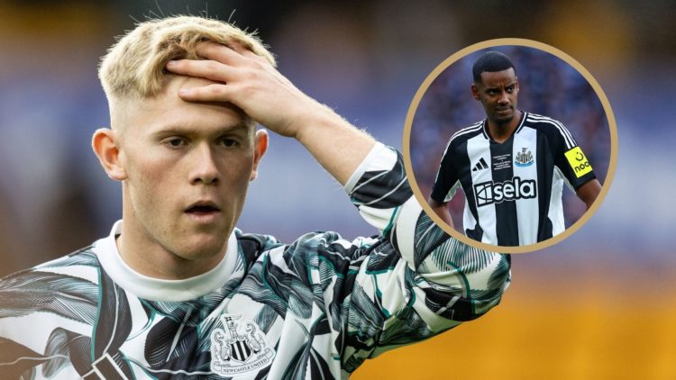 Lewis Hall looks out of breath. Inset: Newcastle's Alexander Isak in action.