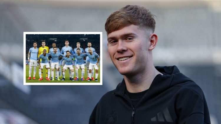 Newcastle United star Lewis Hall smiling. Inset: Man City team photo 2019.