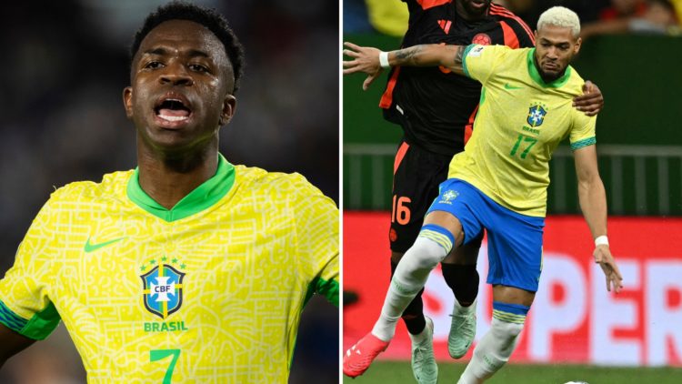 A split image featuring Vinícius Jr. in Brazil colors (left), looking unhappy, and Joelinton in Brazil colors (right).