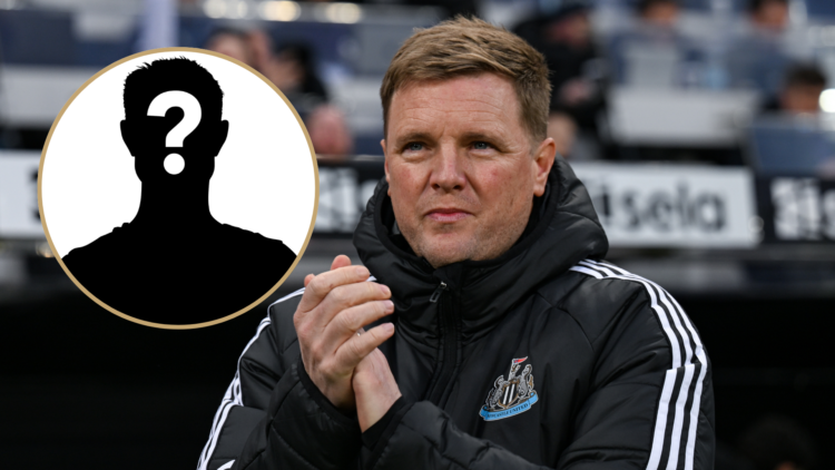Newcastle United Head Coach Eddie Howe claps the fans during the Premier League match between Newcastle United FC and Brentford FC. Inset: A myster...
