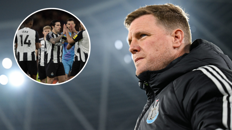 Newcastle United manager Eddie Howe, inset of Newcastle United players celebrating.