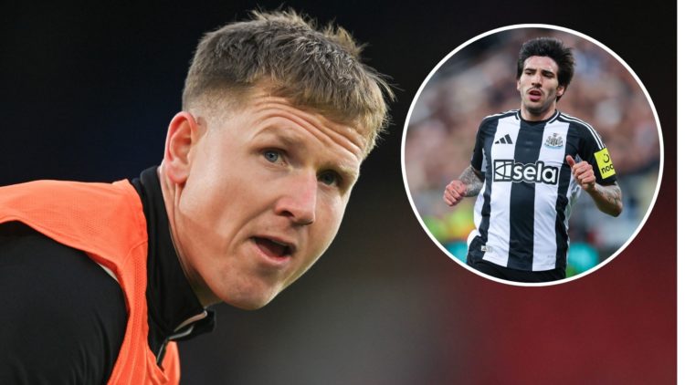 Matt Ritchie of Newcastle United warms up before the Premier League match between Crystal Palace and Newcastle United. Inset, Sandro Tonali of Newc...