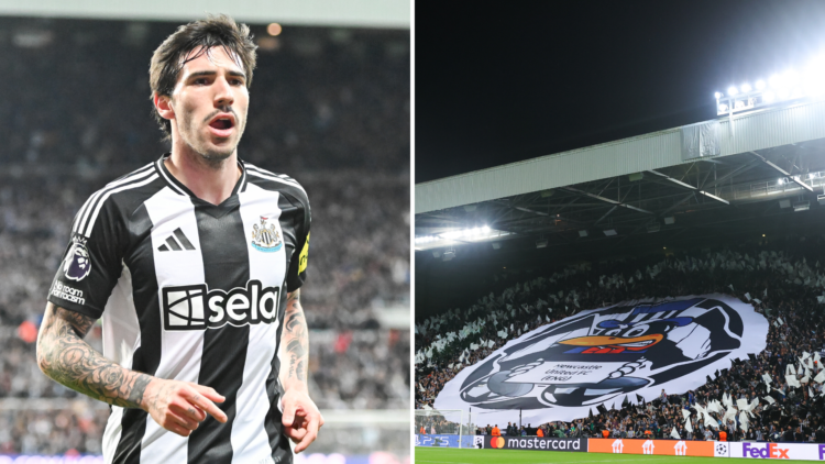 Sandro Tonali celebrates his goal during the Premier League match between Newcastle United and Brentford. Newcastle United supporters create a disp...