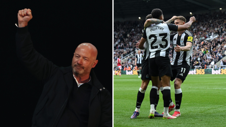 Split image of Alan Shearer and Newcastle United players celebrating vs Manchester United.