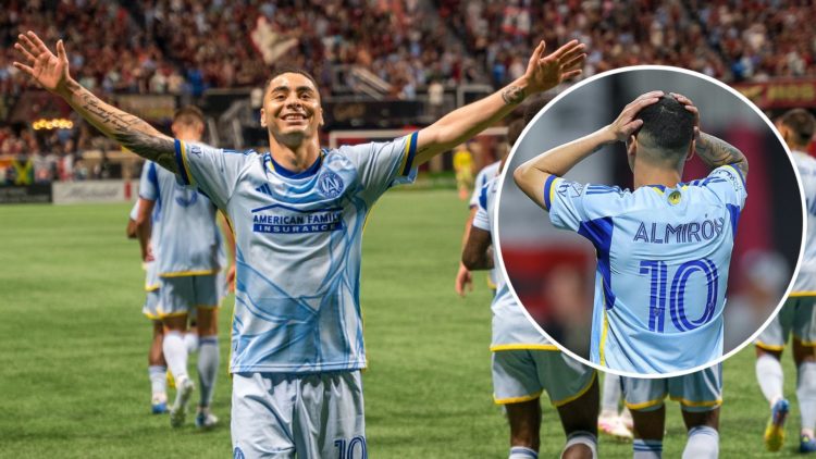 Miguel Almirón #10 of Atlanta United celebrates his goal during a game between FC Dallas and Atlanta United. Inset, Miguel Almirón #10 of Atlanta U...
