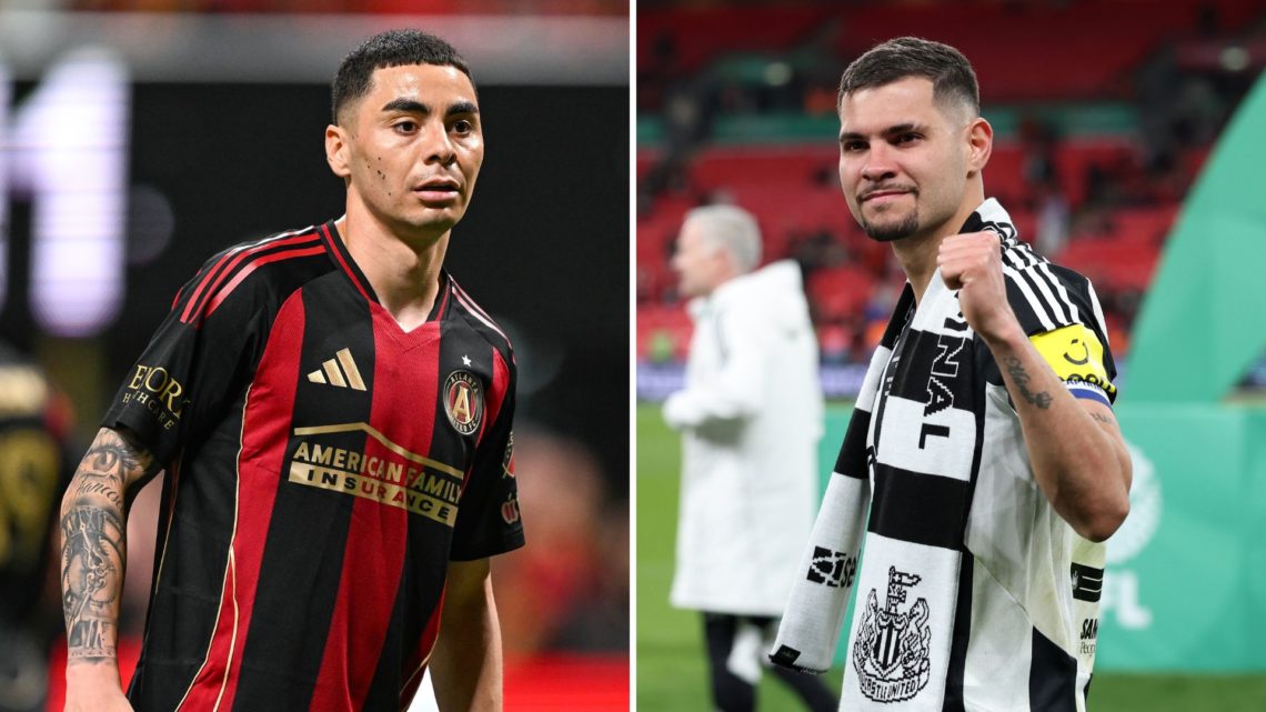 Split image of Miguel Almiron reacting during a match, and Bruno Guimaraes.