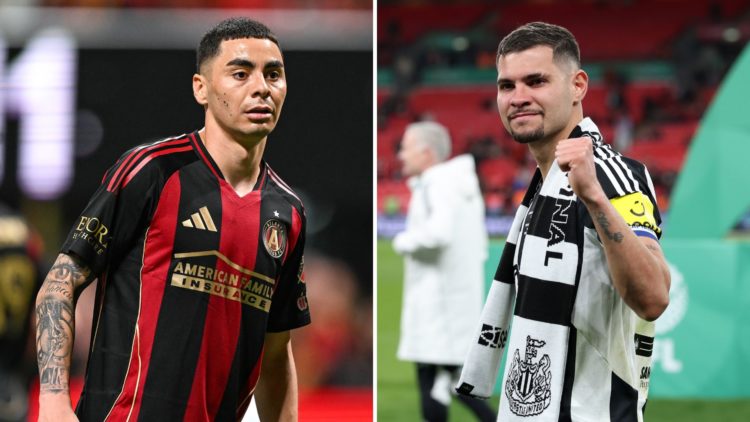 Split image of Miguel Almiron reacting during a match, and Bruno Guimaraes.