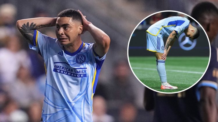 Miguel Almirón #10 of Atlanta United reacts in front of Danley Jean Jacques #21 of Philadelphia Union. Inset, Miguel Almirón #10 of Atlanta United ...